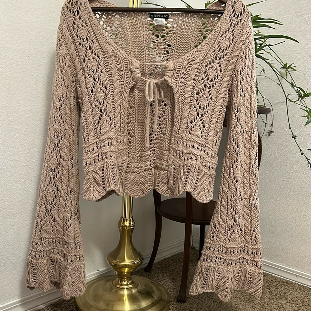 Boho crochet bell sleeve tie front tan top